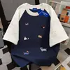 Camiseta de Algodão 100% Puro Estilo Coreano Nicho Desenho Animado Verão Solta Modeladora Casal Estrela Manga Curta Patchwork Top