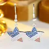 Pendientes de Gancho con Forma de Estrella de Cinco Puntas Completamente Incrustados de Diamantes Tricolor, Pendientes Colgantes de Estrella con Circonita Roja, Azul y Blanca, Accesorios Transfronterizos para Fiestas
