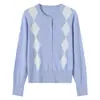 Cardigã de Tricô com Gola Redonda e Padrão Argyle Estilo Britânico para Mulheres, Suéter de Lã com Bloqueio de Cores Novo 2026, Peça de Roupa Externa de Caimento Justo