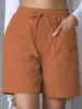 Shorts Casuais de Linho Soltos de Verão Novos Cruzados Europeus e Americanos com Bolsos, Cor Sólida, Calças de Cintura Alta Largas Plus Size para Mulheres