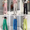 Calça de Seda de Gelo Wide Leg com Bolso de Aba para Verão Feminino, Calça Casual Drapeada para Pessoas Baixas, Efeito Emagrecedor Solto e Calça Versátil de Comprimento Médio para Mulheres