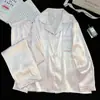 Pijama Cruzado de Seda Hielo para Mujer, Estilo Delgado de Primavera y Otoño, Cardigan Dulce Estilo Ins, Manga Larga, Pantalón Largo, Conjunto Suelto para Casa