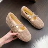 Sapatos Mary Jane de Pelo com Aumento Interno de Altura para Mulheres, Roupa Externa de Outono e Inverno, Novos Sapatos Versáteis de Feijão com Solado Macio para Gestantes, Sapatos de Cano Baixo de Algodão com Forro de Lã