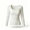 Camiseta Básica Feminina Slim Fit com Gola U para Primavera e Outono, Elástica, Emagrecedora, Manga Longa, Amiga da Pele, Respirável, Versátil, Cor Sólida
