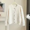Elegante cárdigan de punto suave estilo coreano para mujer, abrigo suéter mullido de otoño e invierno en rosa y blanco