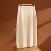 Saia midi de malha 100% lã pura com barra vazada para mulheres, cintura elástica, solta, casual, versátil, saia evasê