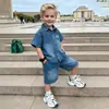 Traje de Verano de Mezclilla para Niño con Bordado de Letras, Conjunto de Dos Piezas Elegante y Único de Pantalones Cortos de Manga Corta, Ropa Infantil Transfronteriza para Bebé