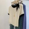 Playera de Contraste con Lazo de Manga Corta para Mujer Top Recto de Hombro Corto con Diseño Único Sentido del Diseño Nuevo Estilo 2025