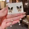 Nuevos Pendientes Coreanos de Mariposa Negra con Perlas para Mujer, Pendientes de Dos Formas de Usar, Pendientes Largos de Borla de Moda