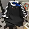 Camiseta de algodão 100% puro estilo universitário com três listras, manga curta, para homens e mulheres, gola redonda de verão, corte solto, modelador, top para casais, estilo ins