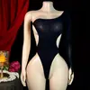 Lingerie sexy transfronteiriça europeia e americana, body semitransparente, com recortes, de corte alto, justo, macacão de um ombro transparente e sedutor