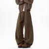 Pantalones de trabajo de diseño retro americano en mezclilla lavada para hombres y mujeres, pantalones rectos holgados casuales con pliegues y caída en color café