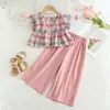 Traje de Niña 2025 Transfronterizo Verano Nuevo Mangas Cortas Volantes Chaleco a Cuadros Pantalones de Pierna Ancha Color Sólido Conjunto Casual de Dos Piezas para Niños