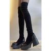 Botas Longas Femininas 2025 Novas Pernas Grossas Pequenas de Salto Grosso Elásticas Botas Altas Pretas de Salto Alto Acima do Joelho