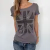 Top de manga corta gris desgastado estilo retro americano INS transfronterizo para mujer, con remaches, estampado de la bandera de estrellas y barras, estilo punk, corte ajustado