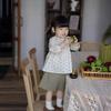 Roupa Infantil Coreana à Vista Outono Azul Estilo Lucy Manga Longa Meninas Floral Babydoll Camisa Shorts com Cintura Elástica Conjunto