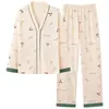Pijama para Mujer Primavera y Otoño Imitación Algodón Manga Larga Traje Estilo Coreano Holgado Dulce Cuello en V Para Usar Por Fuera Kimono Ropa de Casa