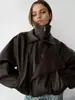 Chaqueta de cuero PU con patrón de lichi retro popular transfronteriza europea y americana para mujer, otoño e invierno, cuello alto, cremallera diagonal, corte holgado, chaqueta de motociclista