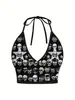 Top Halter Negro y Blanco Estilo Y2K con Estampado de Calavera Gótica Oscura, Espalda Descubierta, Moda Corto sin Mangas