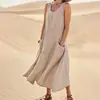 Estación Independiente de Amazon Verano Europeo y Americano Comercio Exterior 19 Colores Bolsillo Sin Mangas Cuello Redondo Vestido de Algodón y Lino para Mujer en stock