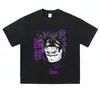 Camiseta lavada preta desgastada com estampa de personagem, corte solto, plus size, tecido pesado, top de verão anime, comércio exterior