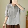 2025 Nuevo Estilo de Verano Camisa de Algodón y Lino de Manga Tres Cuartos para Mujer, Literaria Retro, Holgada, Adelgazante, Color Puro, Top Bordado