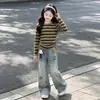 Conjunto retro de color bloque a rayas para niñas, top de manga larga de otoño y pantalones de pierna ancha, elegante conjunto casual de dos piezas para niños mayores