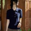 Jersey de Lana Worsted Otoño Temprano 2025 Cuello Polo Medio Abierto Ropa de Punto para Mujer Manga Corta Color Sólido Camiseta Básica con Bolsillos