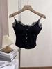 Correa de Encaje Costura Botón Cuello en V Coaster Fijo Chaleco con Abertura Elegante Interior Ajustado Ajustado Top Corto
