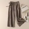 Pantalones de Pierna Ancha Cortos de Algodón Puro para Mujer, Verano, Algodón y Lino, Delgados, Cintura Alta, Cordones Laterales, Vintage, Artísticos, Holgados, Casuales