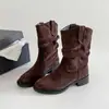 Botas meia de camurça plissada retrô, novas botas longas Maillard Outono/Inverno 2026, botas de montaria western cowboy