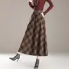 Foto Real 2026 Outono/Inverno Nova Saia Midi de Lã Xadrez Cintura Alta Emagrecedora Barra Larga Saia Evasê Feminina