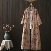 Vestido Sencillo de Longitud Media para Primavera/Verano 2026 con Estampado Artístico de Gasa de Algodón, Cuello Alto y Mangas de Tres Cuartos