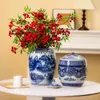 Nuevo jarrón de cerámica azul y blanco estilo chino, juego de tarros de almacenamiento para arreglos florales, para sala de estar, recibidor, estudio, decoración de sala de té