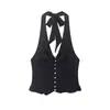 Estilo Europeo y Americano Sexy Escote en V Profundo de Tirante Halter con Lazos Volantes Cuadros Camisola de Verano Ajustado Top de Chica Atrevida