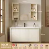 Set de baño para uso doméstico estilo crema con esquinas redondeadas, lavabo integrado de cerámica, lavabo y tocador de aluminio espacial para baño