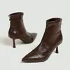 Botines de tacón alto de punta para mujer, comercio exterior al por mayor, transfronterizos, tacones de aguja estilo francés, botines elásticos, botas versátiles de cuero suave para mujer con cremallera, cuero genuino, corte ajustado