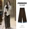 Pantalones de Pierna Ancha a Cuadros Color Café con Puños para Mujer, Nuevo Estilo Otoño/Invierno 2025, Forro Polar, Cintura Alta Petite, Casual, Pierna Recta