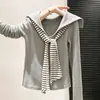 Camiseta de Manga Larga Wubi Crab Velvet College Cuello Marino Rayas Ajustada Detalle de Corbata Top Chal