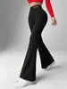 Calça Flare de Lã de Cordeiro Transfronteiriça 2025 para Mulheres, Cintura Alta, com Etiqueta de Couro, Forrada com Fleece, Espessa, Elástica, Emagrecedora, Calça Quente