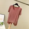 Camiseta base de modal color caramelo estilo coreano, cuello redondo, manga corta, cuello en U grande, camiseta básica holgada para mujer, primavera y verano