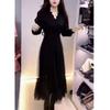 66908 Da Ai Mei Yi Yuan 2026 Primavera Cedo Novo Vestido Decote V Preto Costura Moda Emagrecedor Vestido Longo para Mulheres