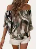 2025 Más Vendido Europeo y Americano Transfronterizo Primavera y Verano Nuevo Estilo Tejido de Punto Trenzado Hombros Descubiertos Casual Moda Versátil Camisa Estampada Top para Mujer