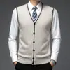 Colete de Lã Outono e Inverno Masculino Meia-Idade Gola V Cardigã Tricotado Pura Caxemira Base Camisa Suéter de Pai