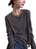 Camiseta de Renda com Tela Gola Redonda Elástica Slim Fit para Mulheres Primavera e Outono Novo Estilo Coreano Retrô Simples Camiseta Básica Top A9420