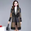 Abrigo de lana grueso de estilo coreano a la moda para tallas grandes, con colores contrastantes, versátil y elegante, de doble botonadura, longitud media, por encima de la rodilla, para mujer en invierno