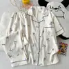 Pijama de Algodão Nuvem para Mulheres, Estilo Doce de Verão com Laço, Conjunto de Roupa de Casa Fina de Manga Curta e Calça Longa, Pode Ser Usado Fora