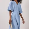 Vestido Longo Plissado Elegante Cruzado Feminino Cintura Marcada Decote V Manga Bufante Camisa Vestido Francês de Botão Único