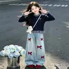 Cardigan de punto a cuadros estilo universitario con empalmes, manga larga, primavera y otoño, para niños medianos y grandes, casual, dulce, personalidad, conjunto de dos piezas con jeans