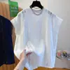 Nova Blusa de Linho Feminina Verão 2026, Branca Fina Solta com Renda Patchwork Vazada Manga Sino Curta